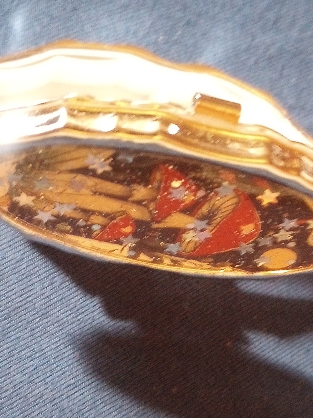 Vintage-Inspired Gold Tone Pill Case with Red Mushroom Motif